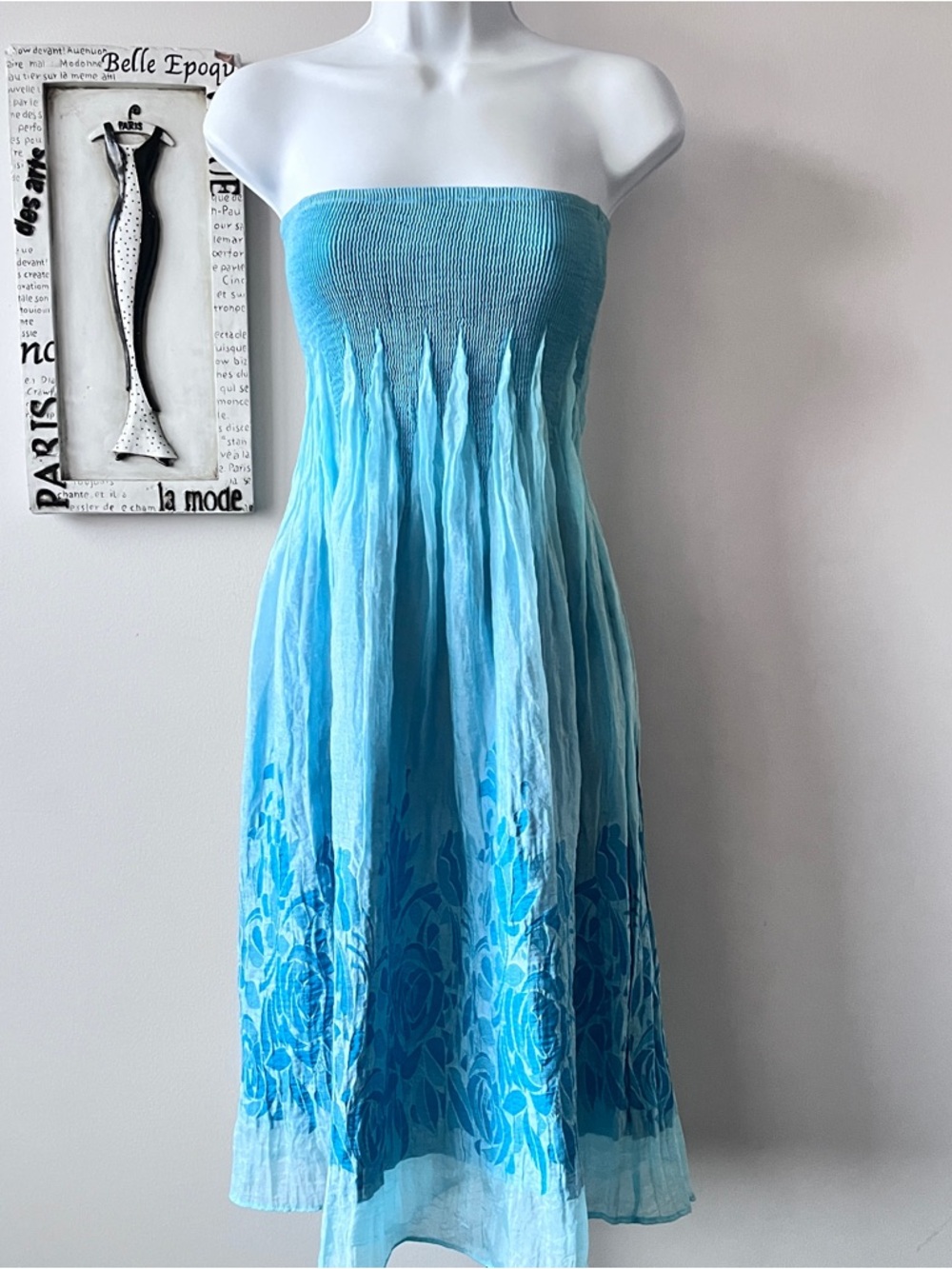 Lapis Blue Ombre Floral Strapless Smocked Dress One Size